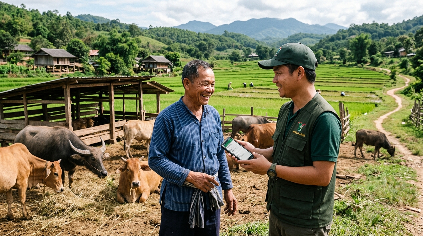 Village veterinary worker and livestock farmer conducting participatory animal disease surveillance in rural Lao PDR